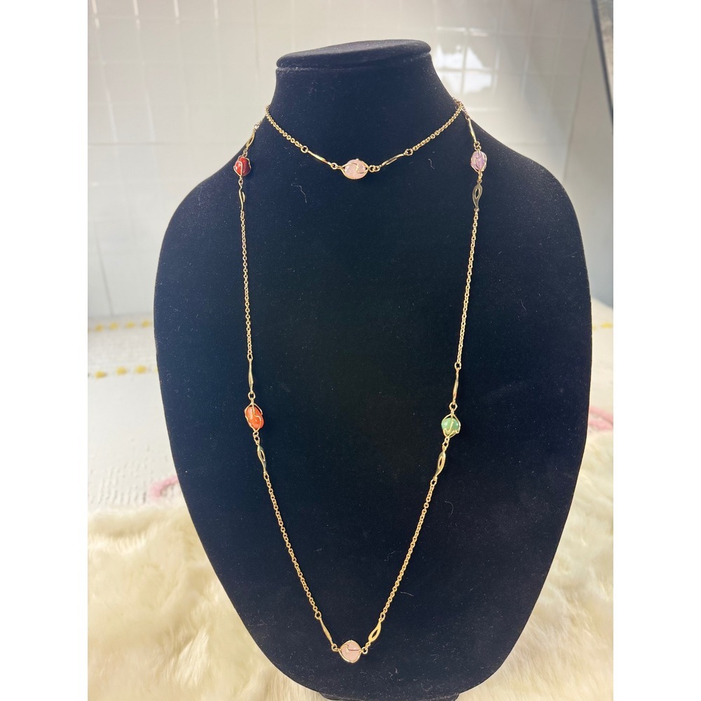 Gold Tone vtg Multi Color Gemstone Long Layering‎ Necklace Women's Fashion